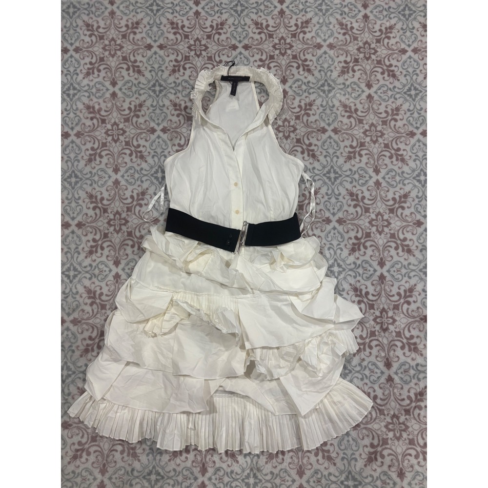BCBGMAXAZRIA White Ruffle Tiered Belted Halter Dress SLP61378-100 Size 2 NEW